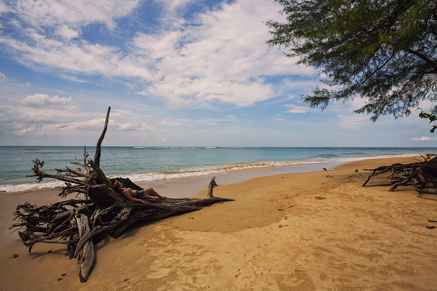 Frau liegt auf Baum an Strand in Thailand